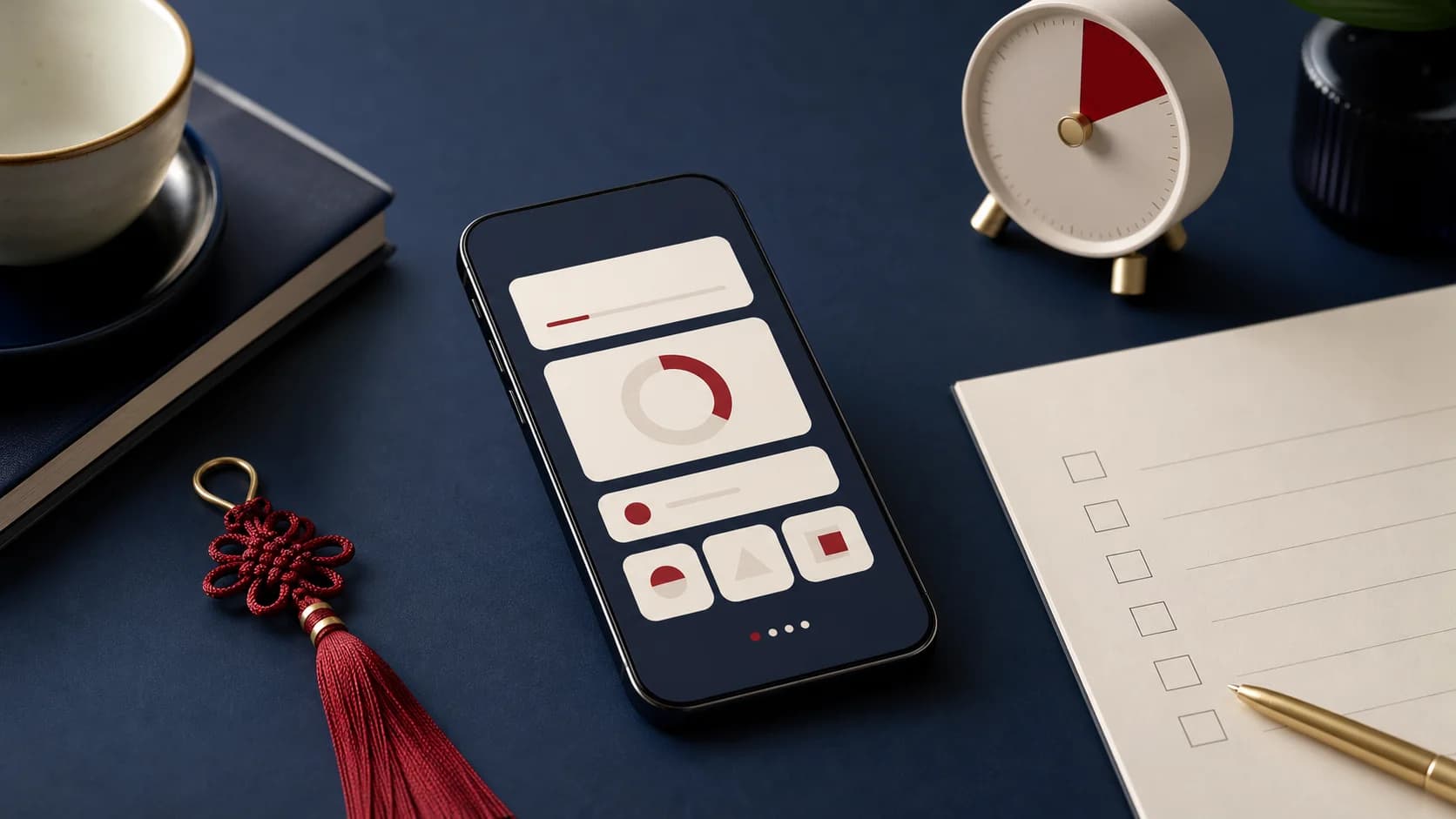 Telefon z abstrakcyjnymi kartami nauki obok pustej listy kontrolnej.